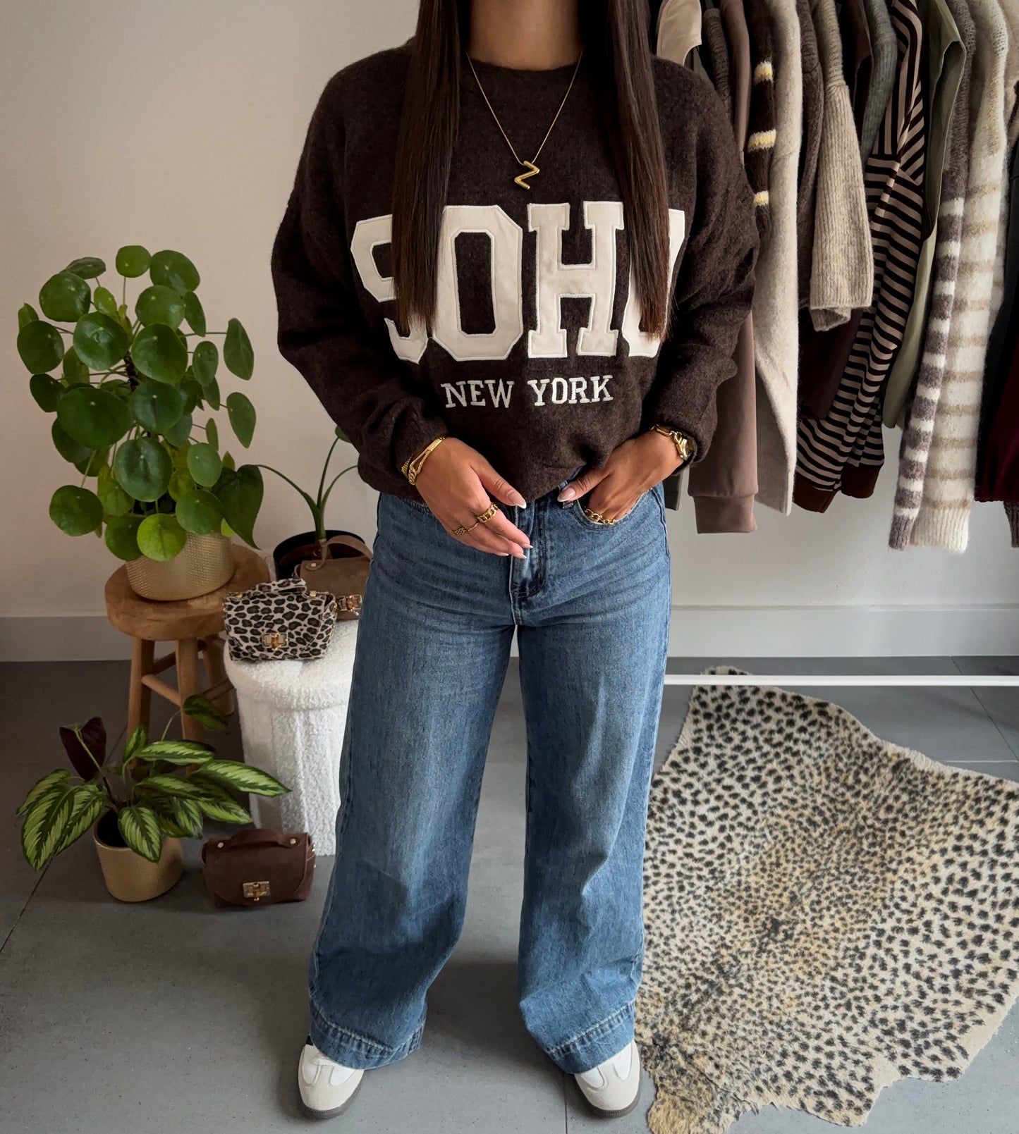 Soho cozy college trui (bruin/beige)
