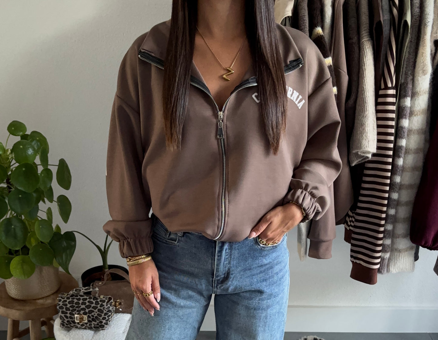 California varsity zip sweater (taupe)