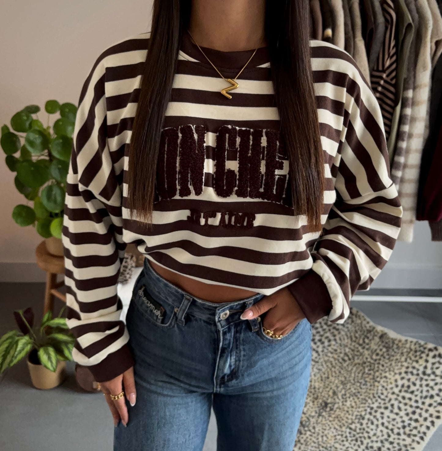 Choco stripe varsity sweater