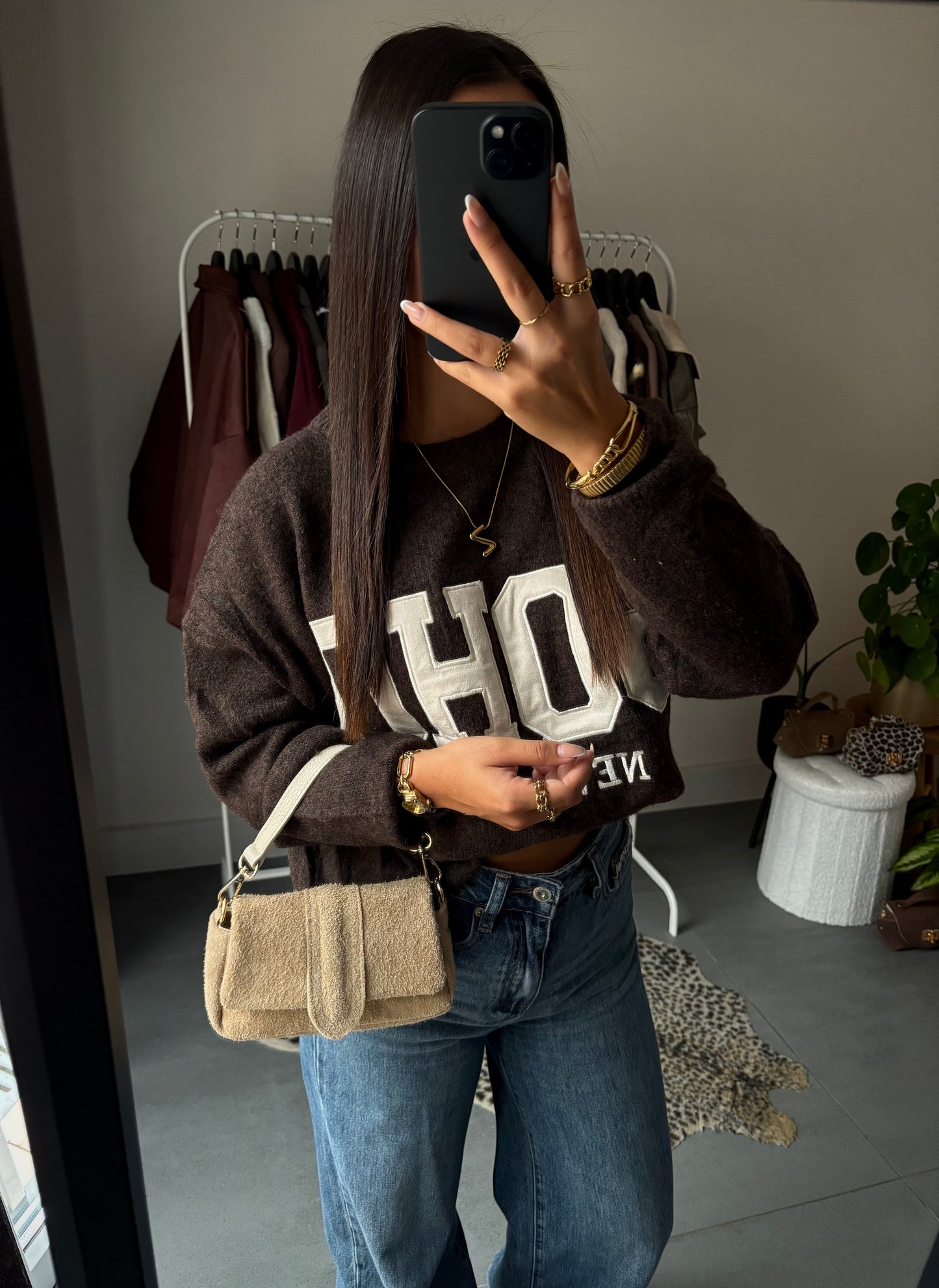 Soho cozy college trui (bruin/beige)