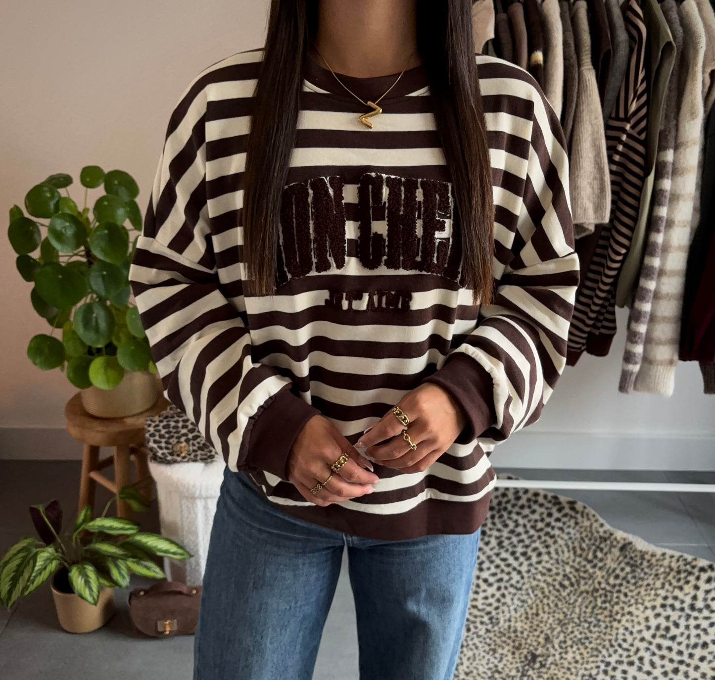 Choco stripe varsity sweater
