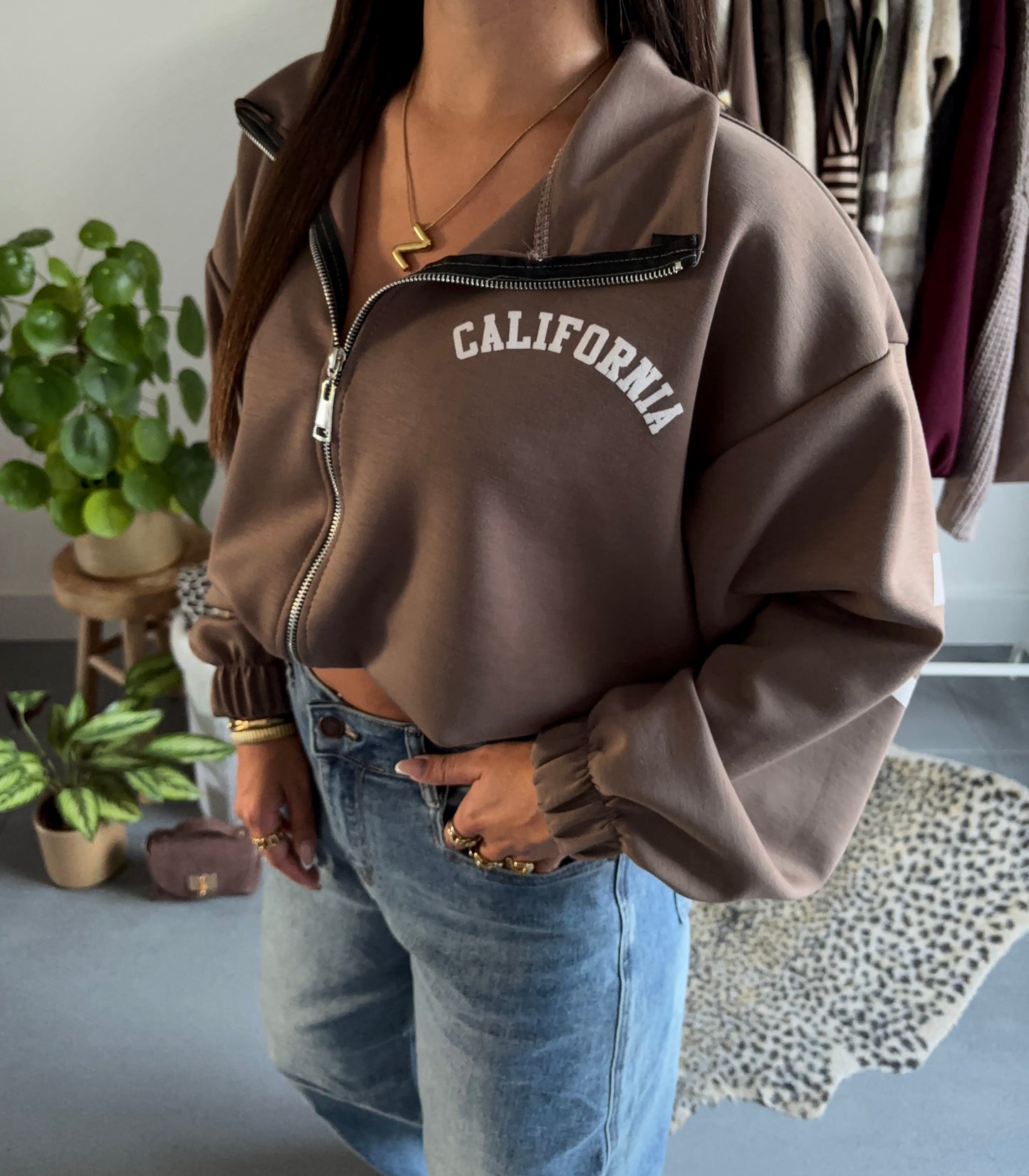 California varsity zip sweater (taupe)
